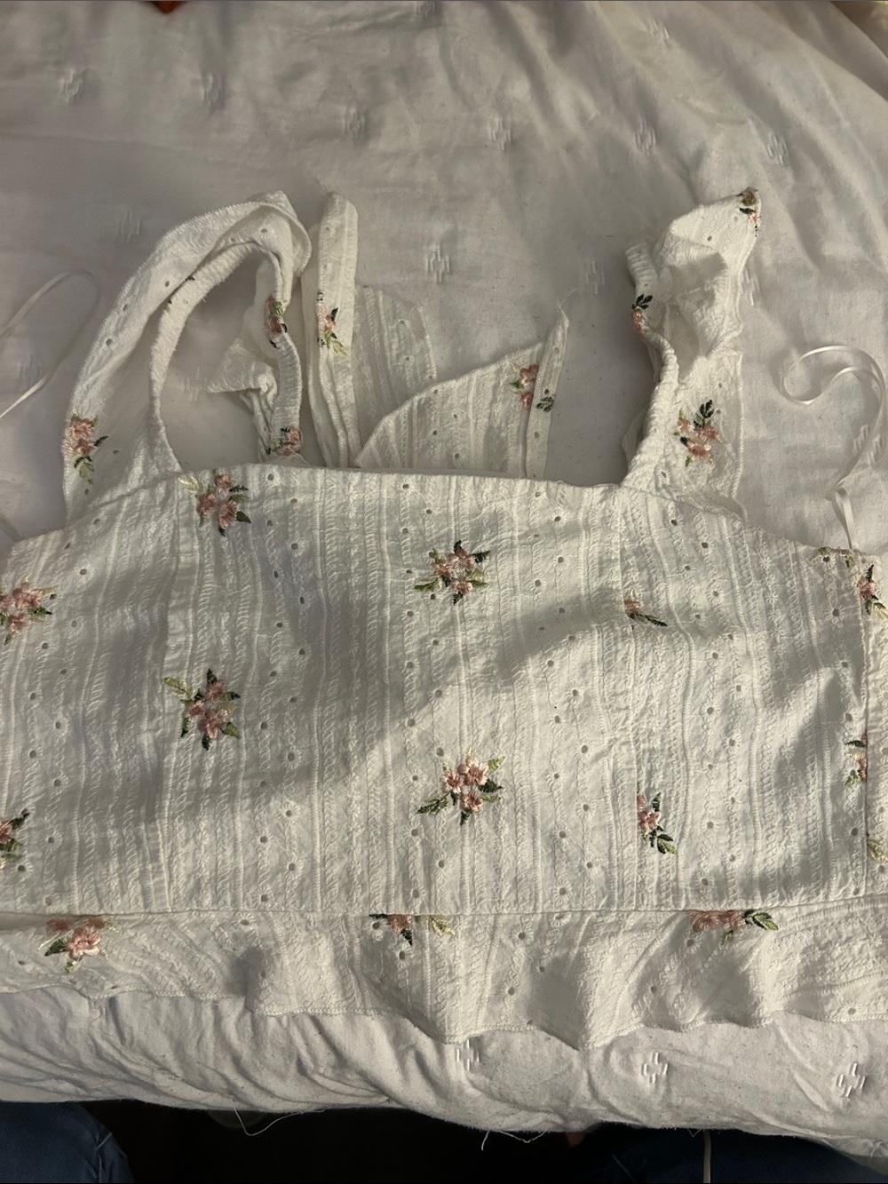 White Floral Eyelet Crop Top with Pink Embroidery